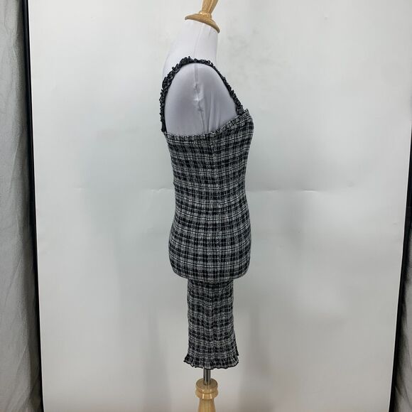 Volcom Shirred Mini Dress Womens XS Extra Small Check Plaid Square Neck Bodycon - Picture 4 of 16